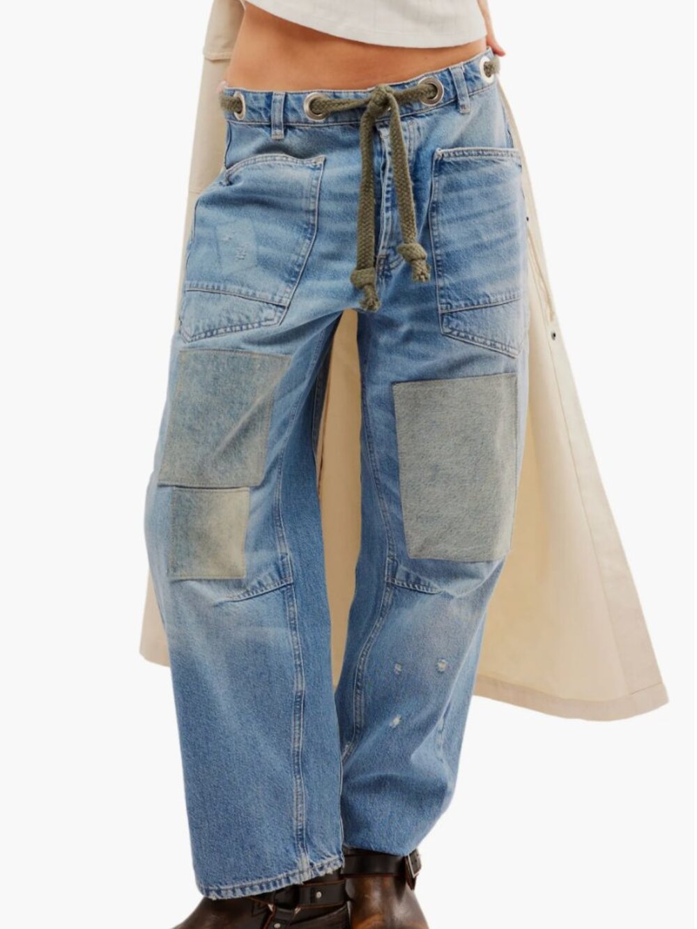 NWT We The Free Moxi Barrel Jeans Patchwork Utility Rope Waist 29 HTF $148